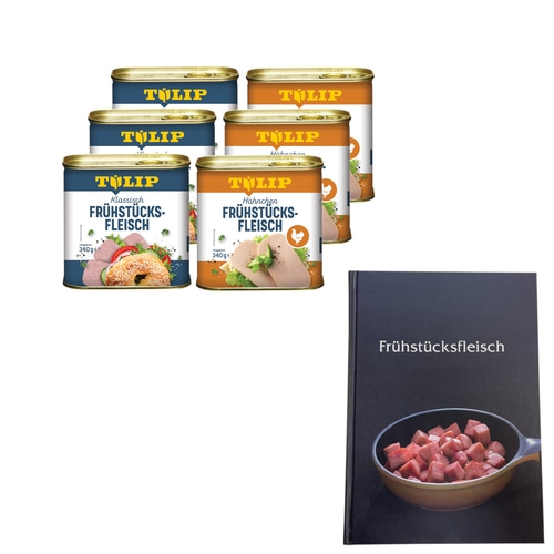 TULIP Bundle 6x Frühstücksfleisch Schwein Hähnchen 340g Delikatesse + Kochbuch