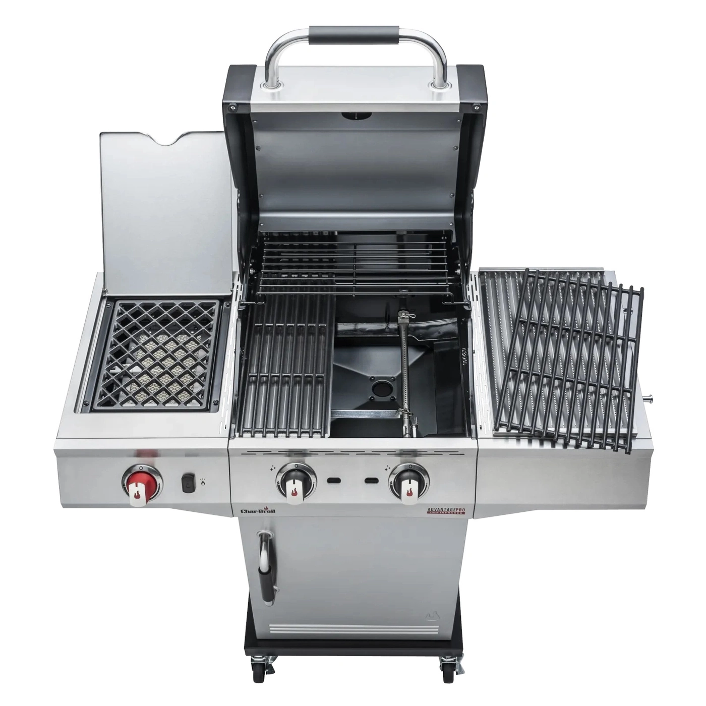 Ein offener Gasgrill aus Edelstahl mit zwei Brennern und Seitenteilen.