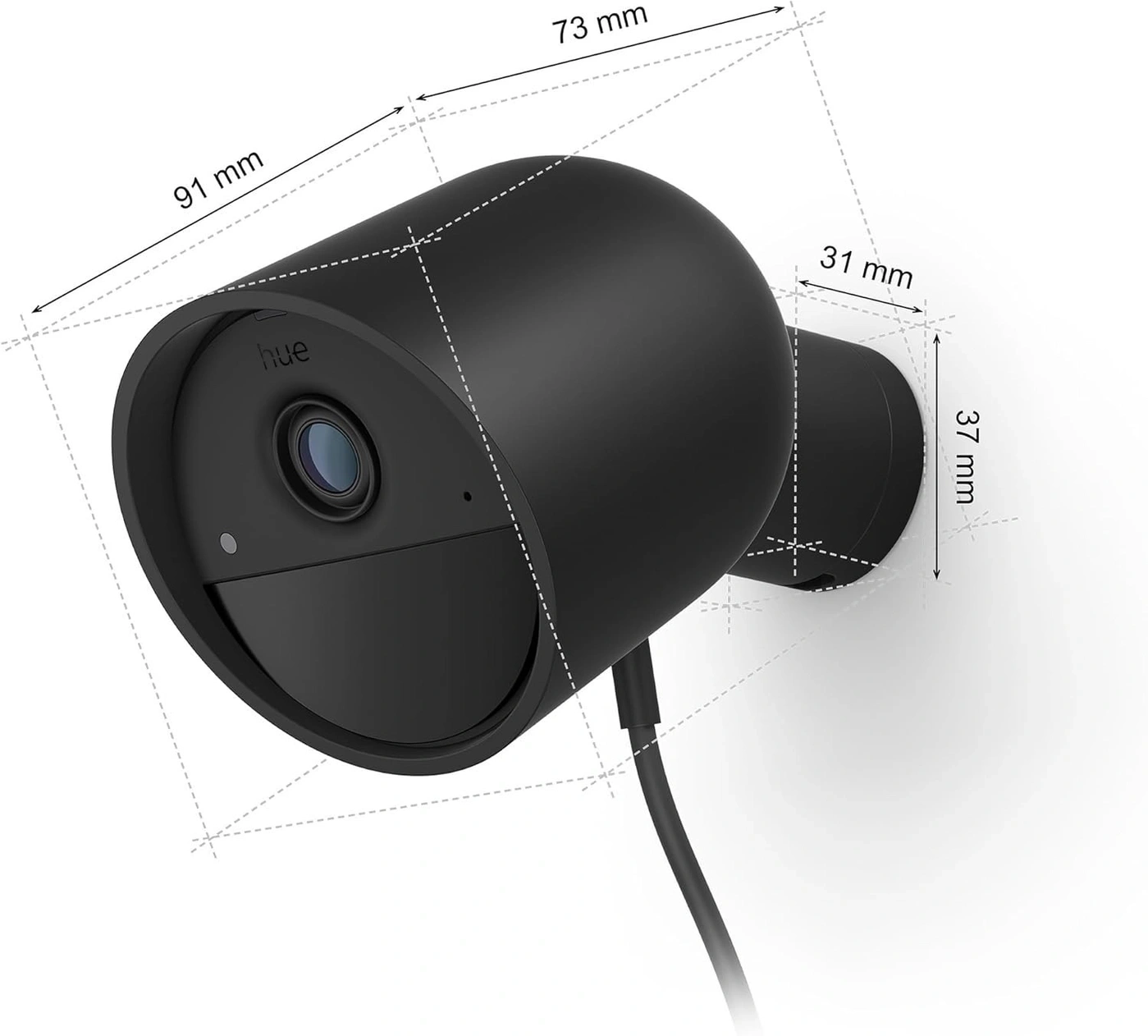 Schwarze Überwachungskamera mit Maßen 91 mm, 73 mm, 31 mm und 37 mm