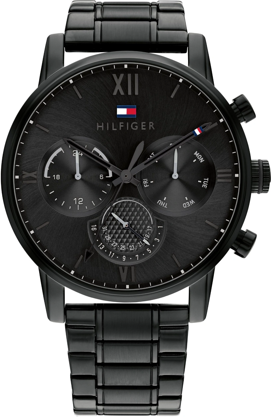 Schwarze Herrenuhr mit Tommy Hilfiger Logo und drei Zifferblättern.