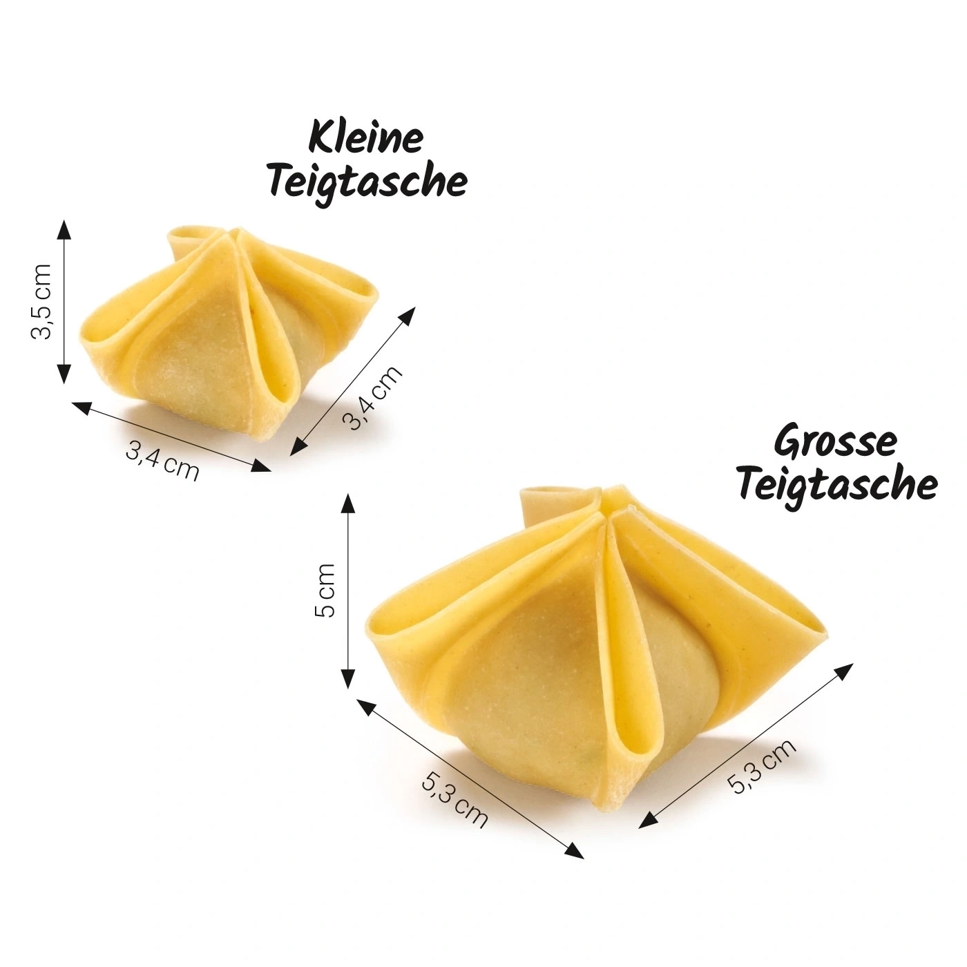 Zwei Teigtaschen, eine kleine und eine große, mit Größenangaben in Zentimetern.