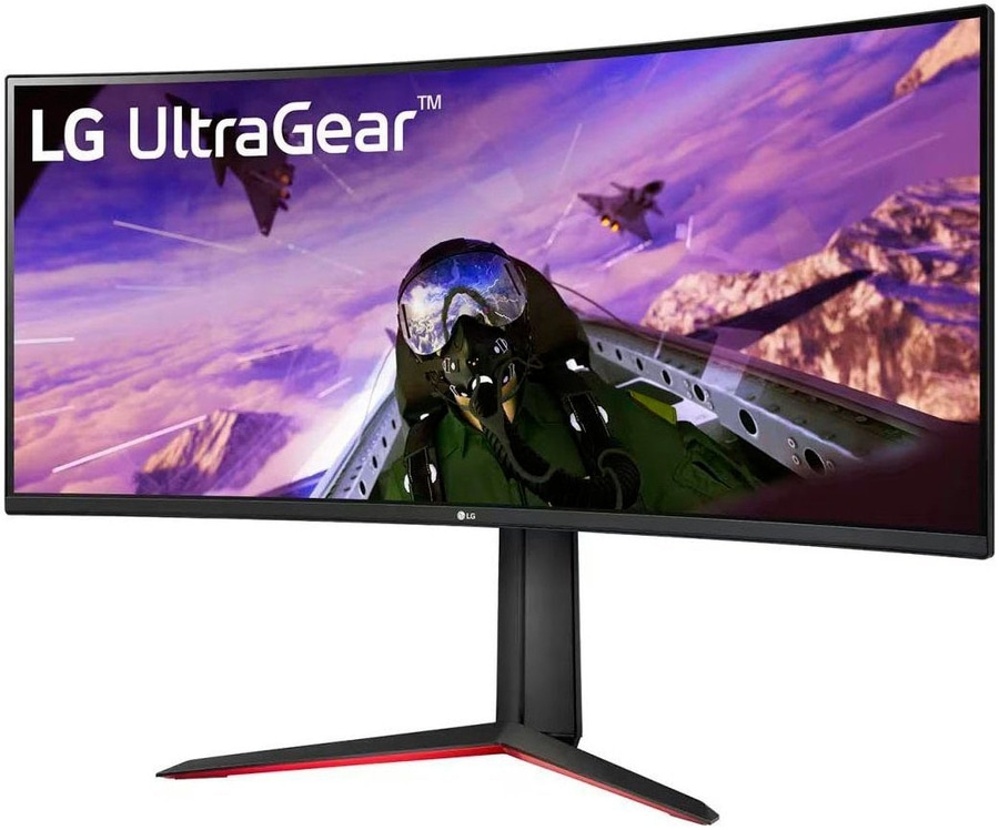 LG UltraGear Monitor, gebogen, mit rotem Akzent am Standfuß, Gaming-Monitor