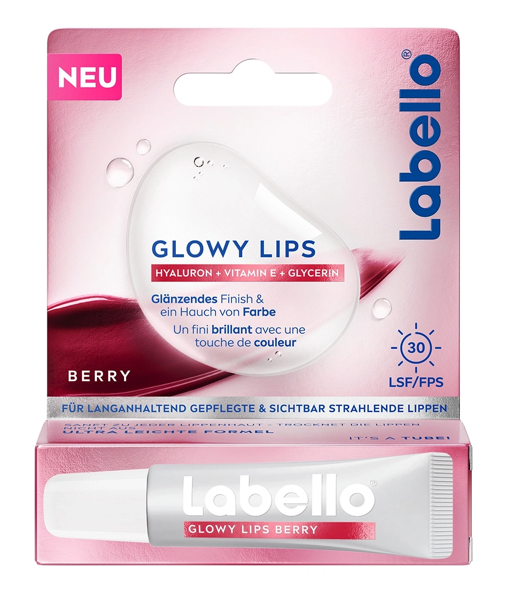 Labello Glowy Lips Berry Lippenpflege mit Hyaluron, Vitamin E und Glycerin, mit UV-Schutz.