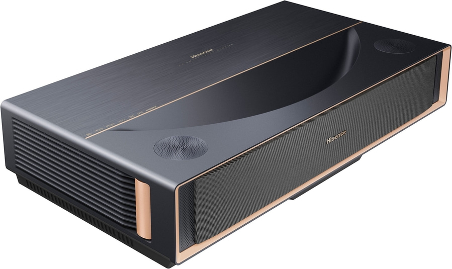 Ein moderner Hisense 4K Laser Cinema Projektor mit Lautsprechern und Lüftungsschlitzen.
