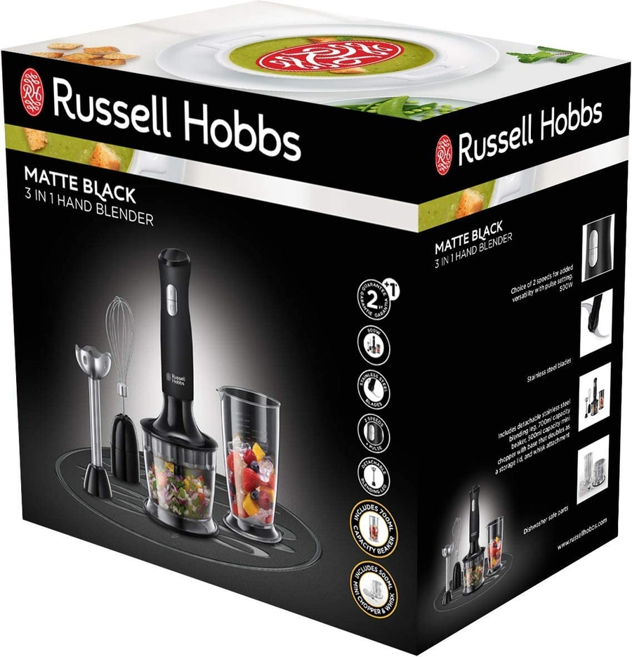 Russell Hobbs Matte Black 3 in 1 Hand Blender, 500W, Edelstahlklingen