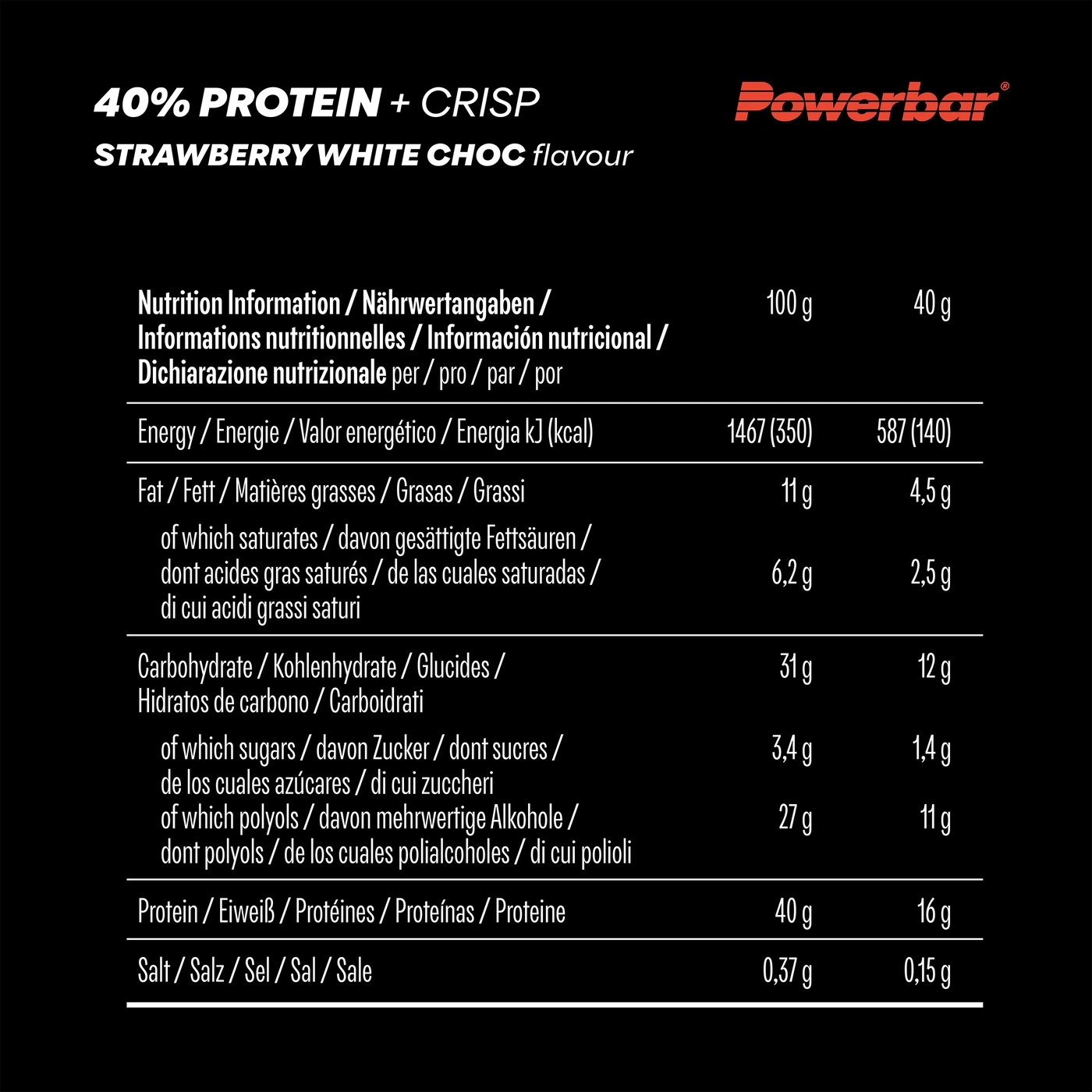 Nährwertangaben von Powerbar mit 40% Protein in Erdbeer-Weißschokolade