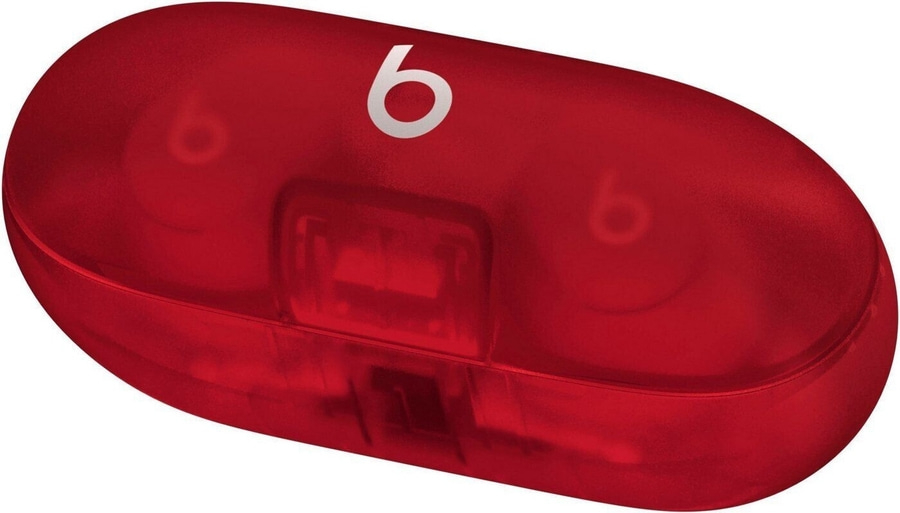 Rote Beats-Kopfhörer-Hülle mit weißem Logo. Transparente, glänzende Oberfläche.