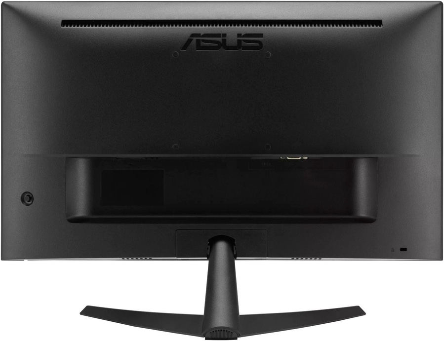 Rückseite eines schwarzen ASUS-Monitors mit Anschlüssen und Standfuß.