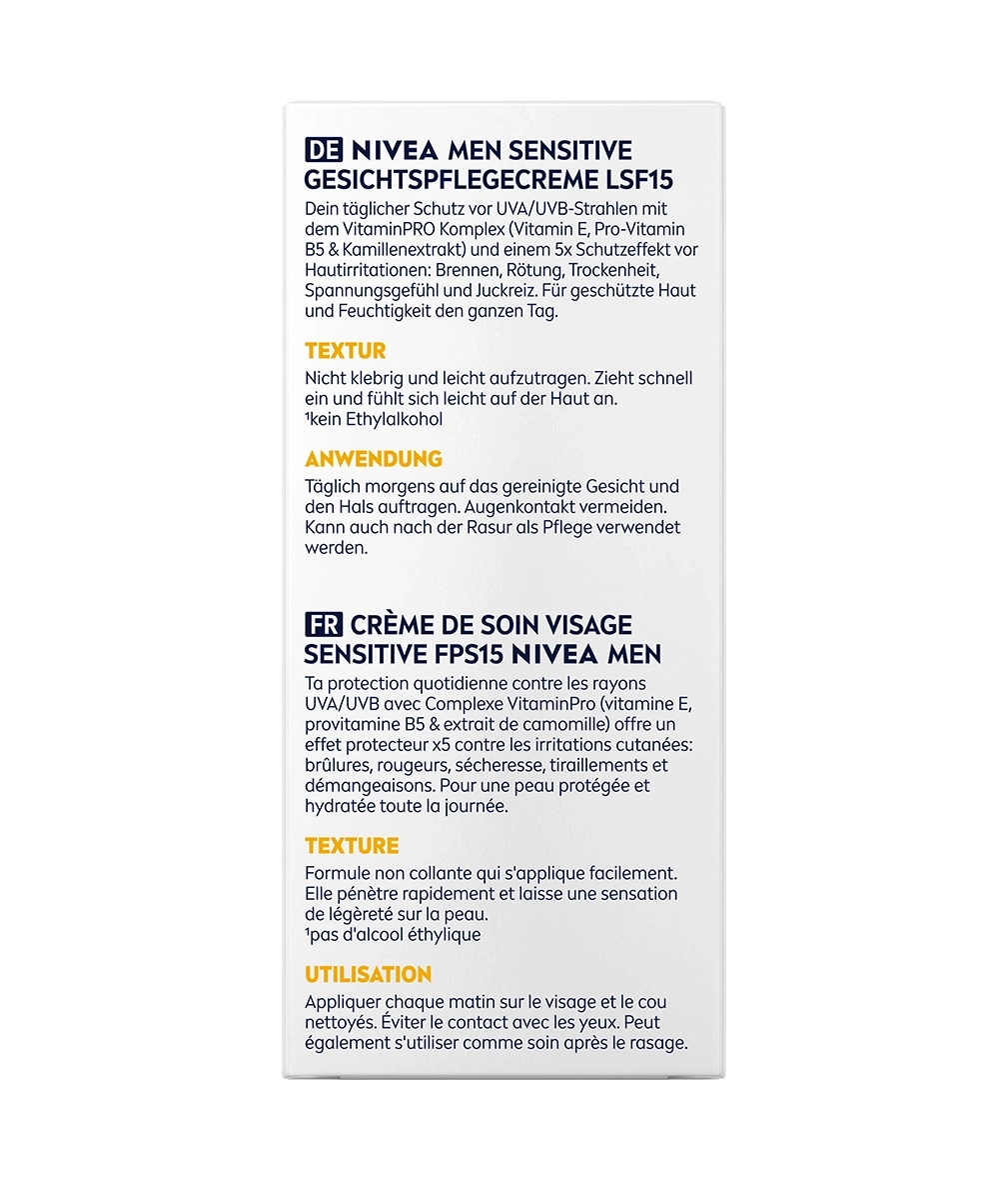 Nivea Men Sensitive Gesichtscreme mit LSF15 für empfindliche Haut.