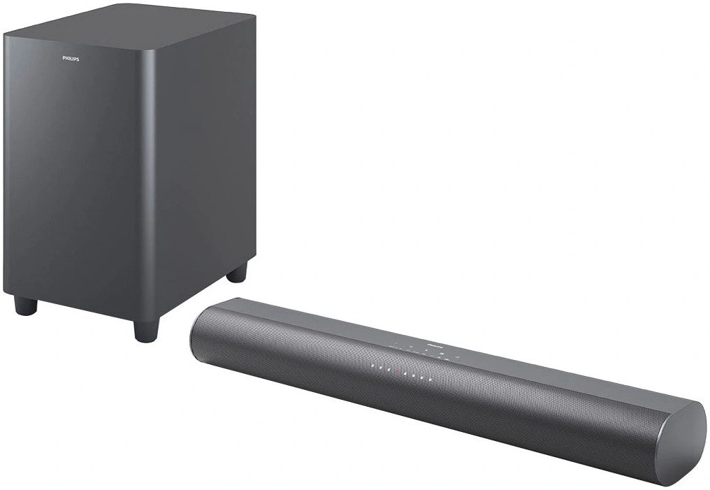 Eine dunkle Soundbar und ein Subwoofer von Philips auf weißem Hintergrund.