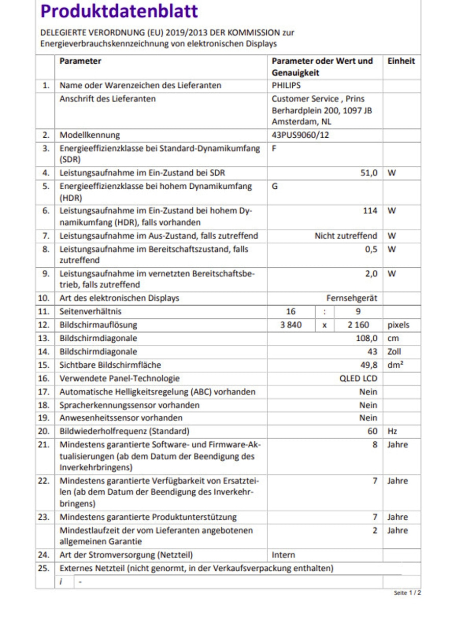 Produktdatenblatt mit technischen Spezifikationen für elektronische Displays, Energieeffizienz und mehr.