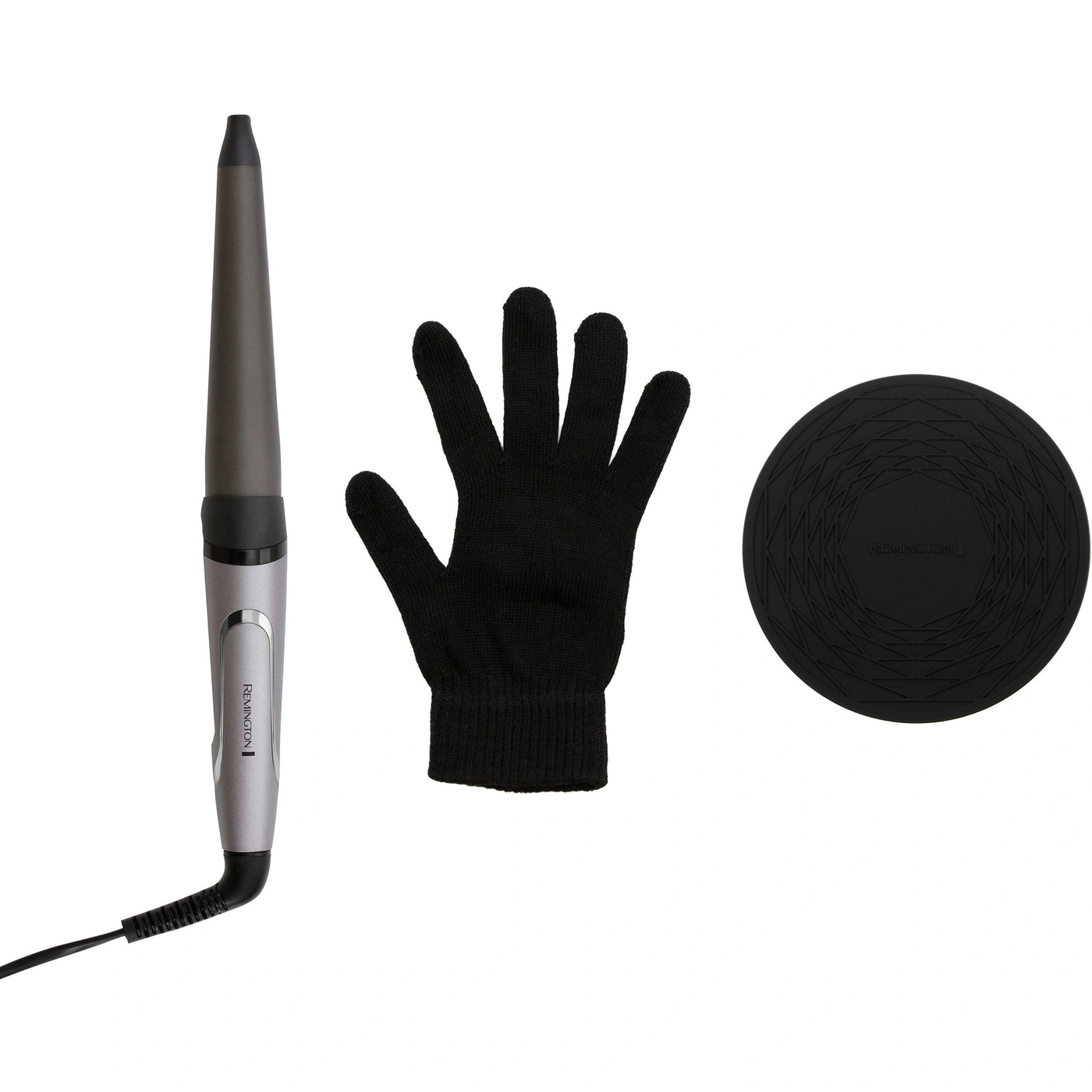 Ein Lockenstab mit Handschuh und Hitzeschutzmatte