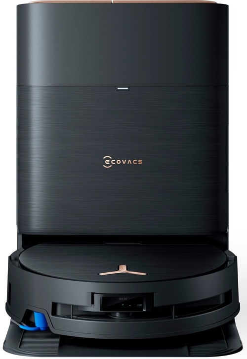 Schwarzer Roboter-Staubsauger mit goldenen Akzenten und ECOVACS-Logo, modern