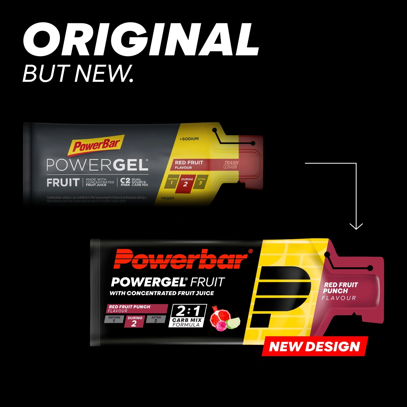 Original und neues Design von Powerbar Powergel Fruit mit rotem Fruchtpunsch-Geschmack.