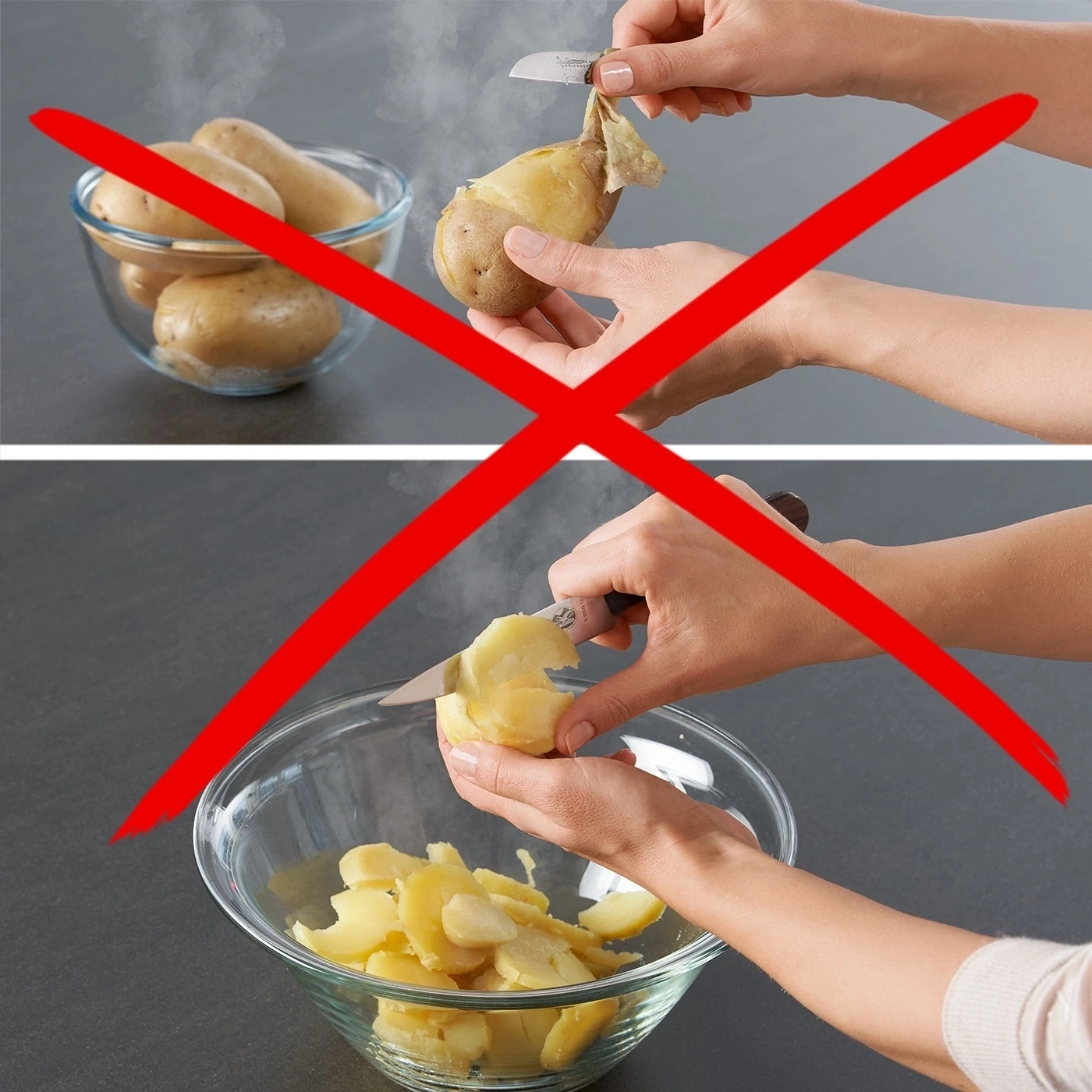 Kartoffeln schälen: Falsche Methode, Kartoffeln mit Messer schälen, rote X-Markierung