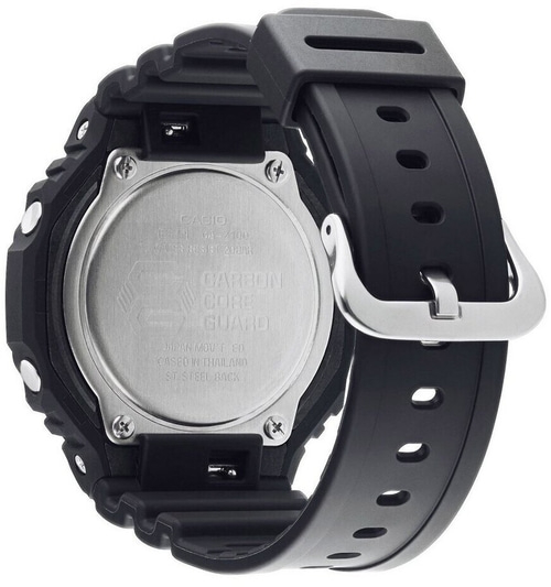 Rückseite einer schwarzen Casio G-Shock Uhr mit Metallboden und schwarzem Armband.