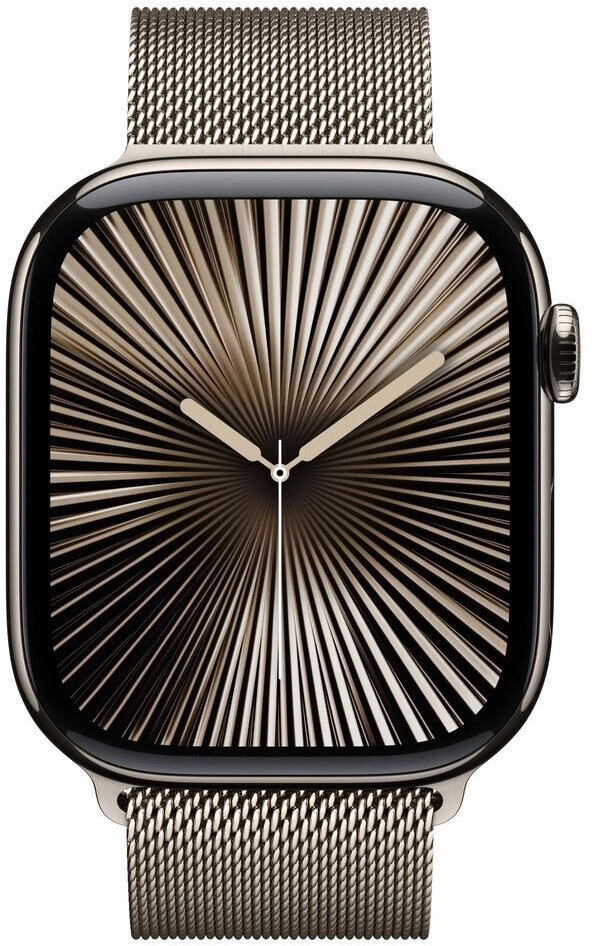 Eine stilvolle Apple Watch mit einem fächerförmigen Zifferblatt und einem Milanaise-Armband.