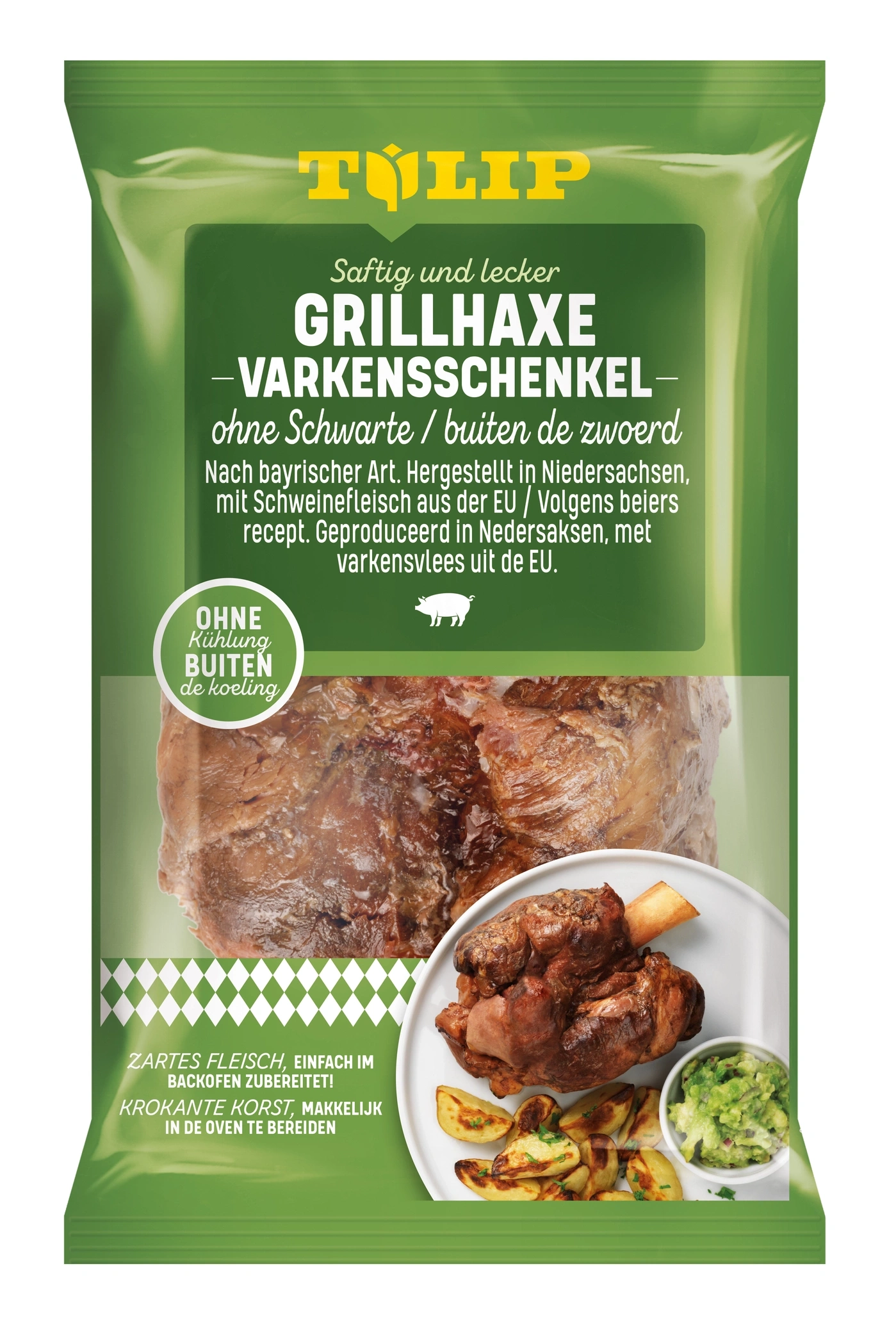 Verpackung für Schweinehaxe mit Kartoffeln und Guacamole.