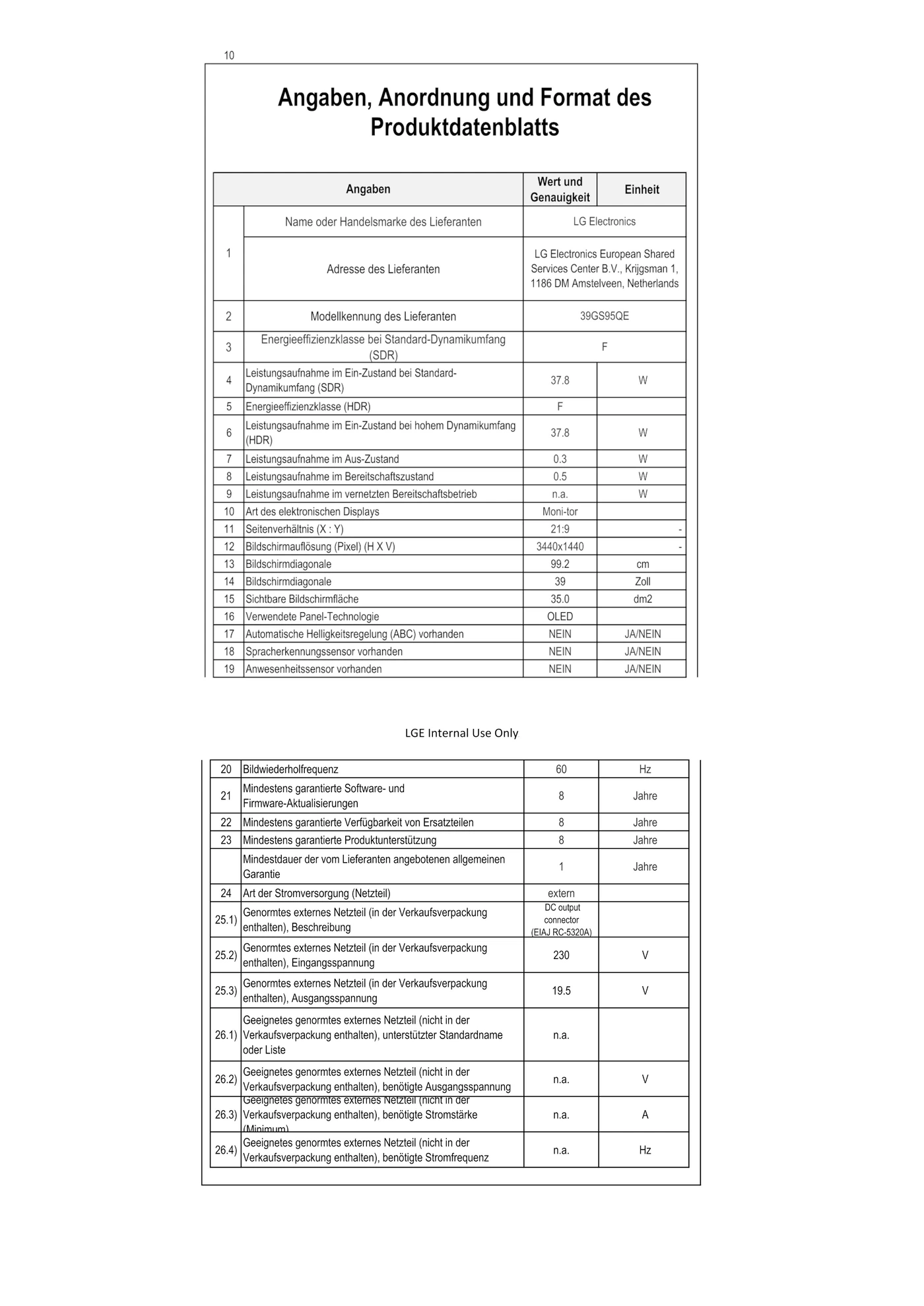 Produktdatenblatt mit technischen Spezifikationen und Energieeffizienzklasse.