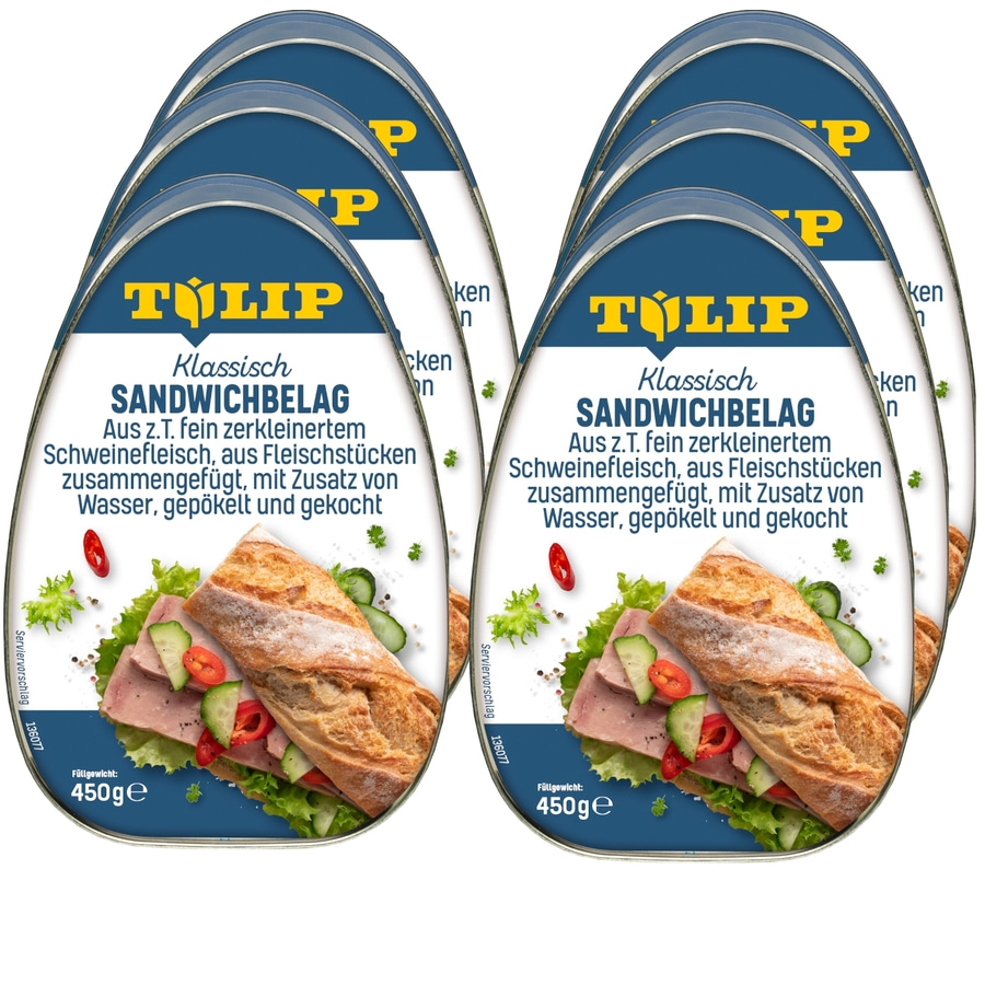 Mehrere Dosen Sandwichbelag von Tulip, 450g, Klassisch, Schweinefleisch, gepökelt und gekocht.