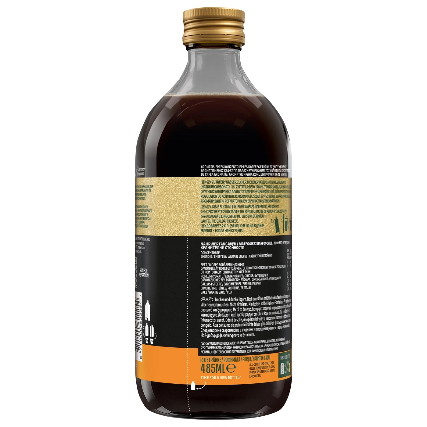 Flasche mit Kaffeegetränk-Konzentrat und Informationen
