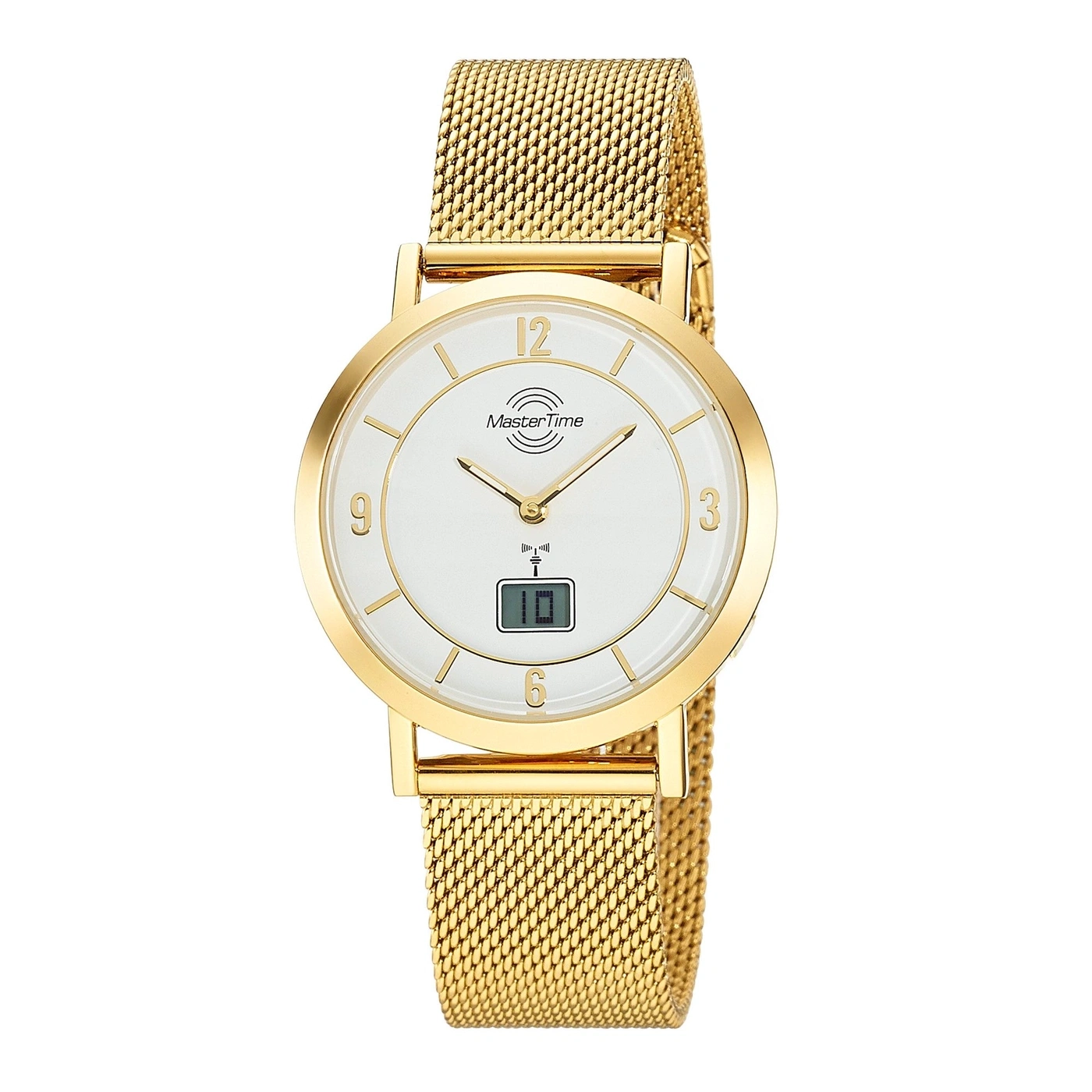 Goldene Armbanduhr mit weißem Zifferblatt und digitaler Anzeige