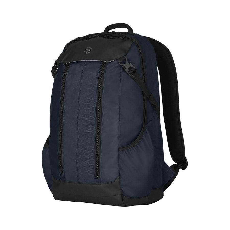 Blauer Rucksack mit schwarzen Akzenten und Reißverschlüssen, ideal für den Alltag.