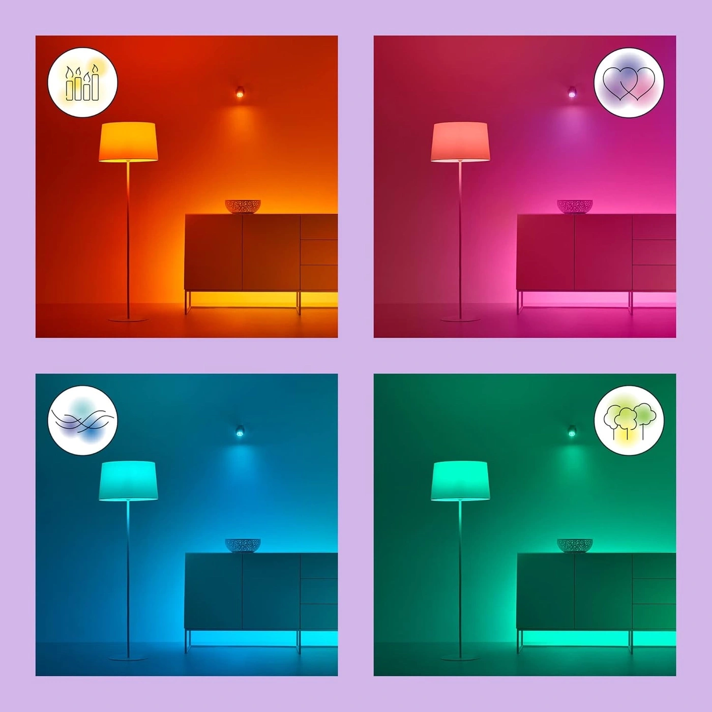 Vier Szenen mit Stehlampe, Sideboard und verschiedenen Lichtfarben.