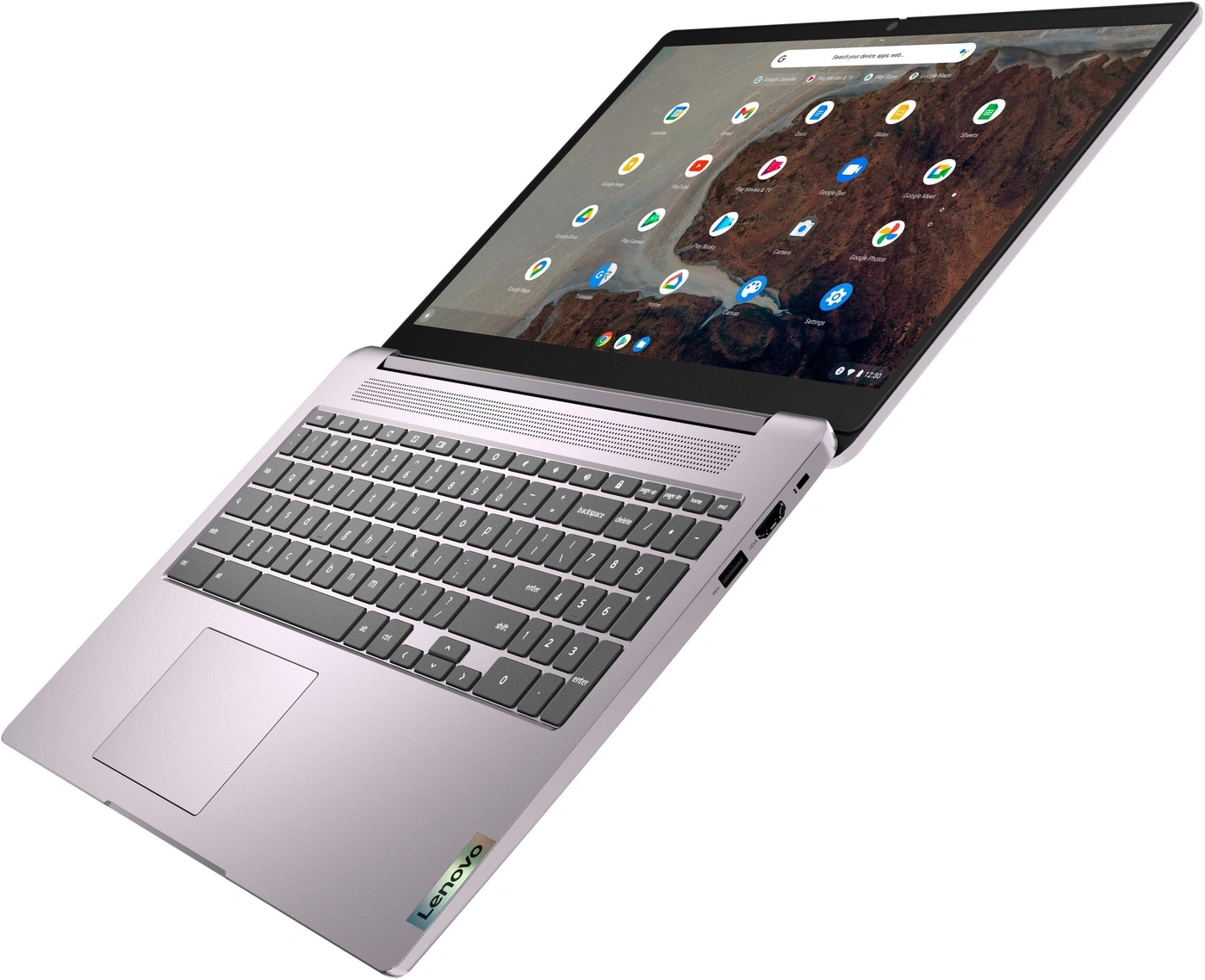 Ein lila Laptop mit einem offenen Bildschirm, auf dem Google Apps angezeigt werden