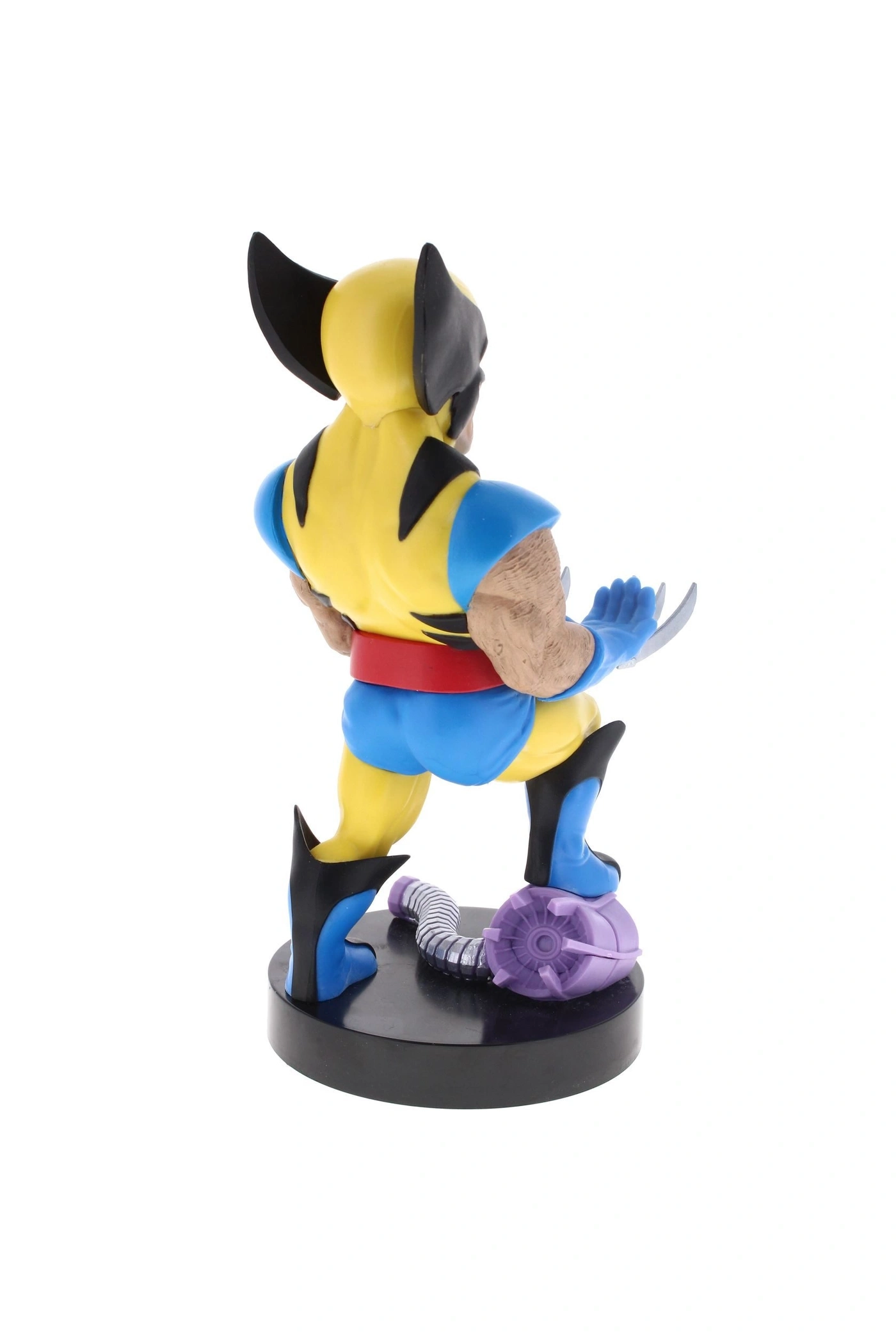 Figur von Wolverine in gelb-blauer Kleidung mit Klauen und rotem Gürtel auf Sockel mit lila Turbine und Schlauch.