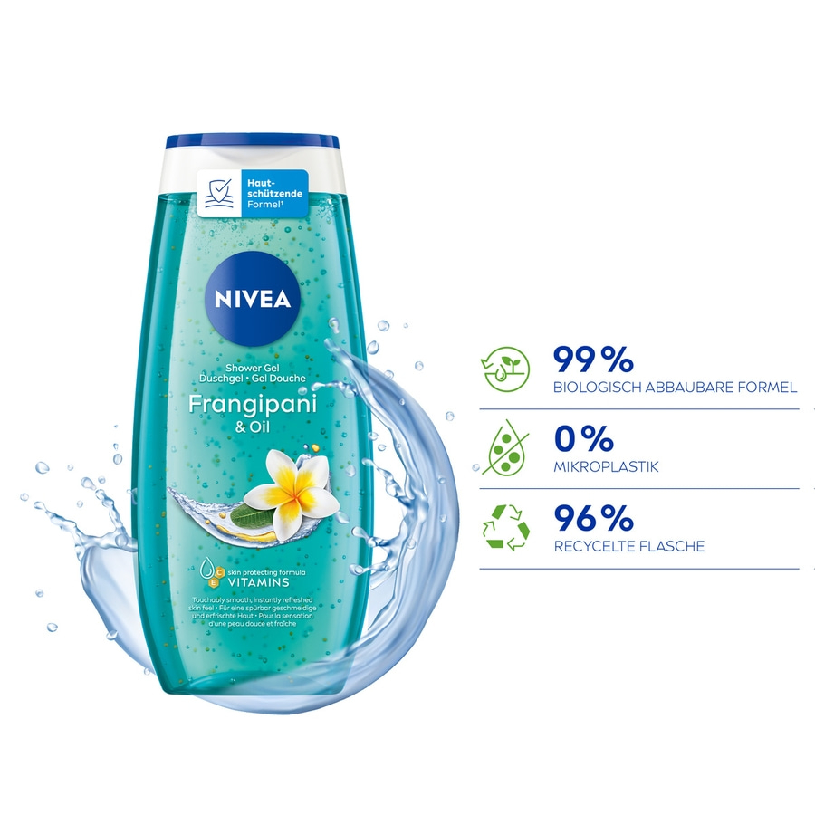 Nivea Duschgel Frangipani & Oil, 99% biologisch abbaubare Formel, 0% Mikroplastik, 96% recycelte Flasche
