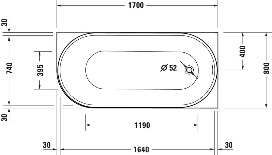 Badewanne mit Abmessungen: 1700x800x740mm, Durchmesser 52mm, 1640x1190x395mm