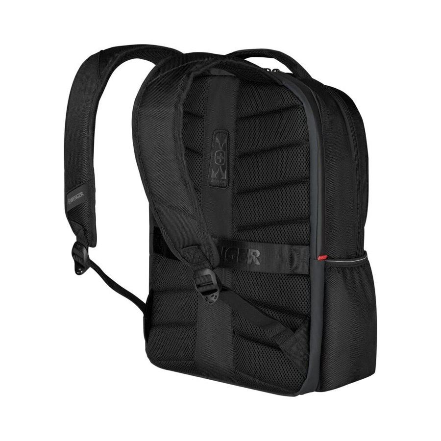 Schwarzer Rucksack mit Airflow-System und Wenger-Logo, ideal für den Alltag.