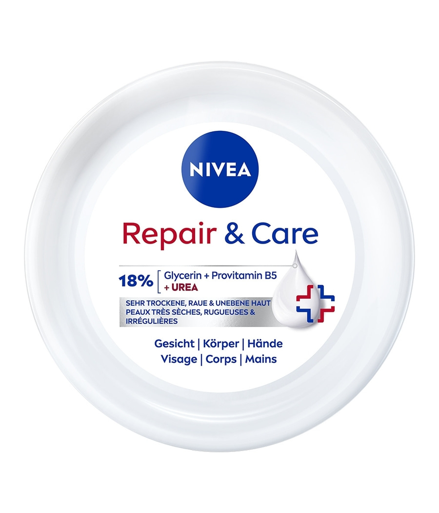 Nivea Repair & Care Creme mit 18% Glycerin, Provitamin B5 und Urea für trockene Haut.