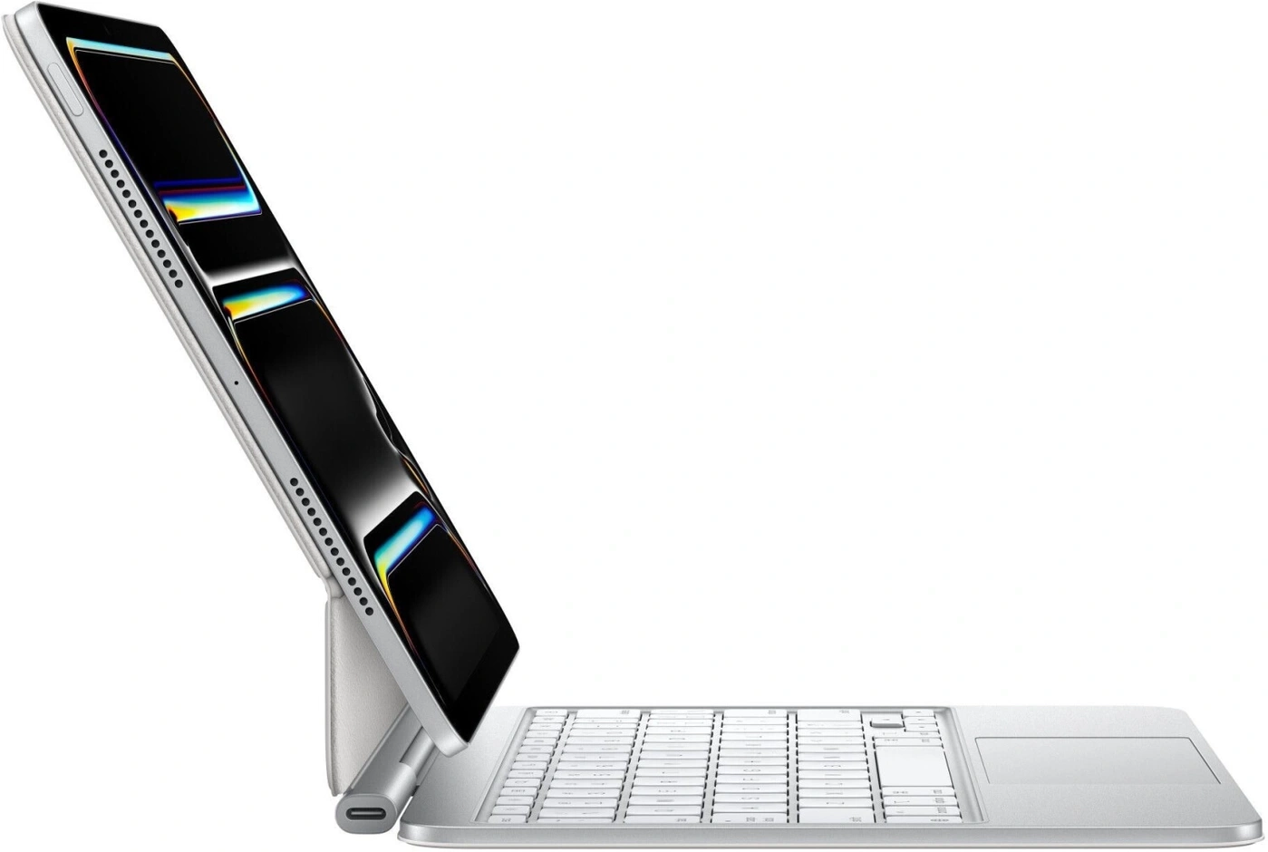 Ein silbernes Tablet mit Tastatur und Touchpad, auf weißem Hintergrund.