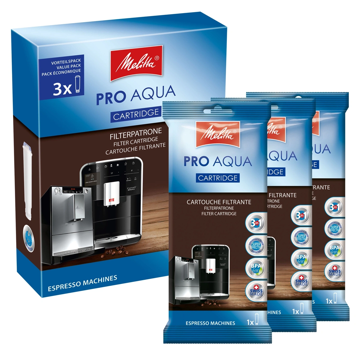 Melitta Pro Aqua Filterpatronen für Espressomaschinen, 3er Pack, BPA-frei, Swiss Made