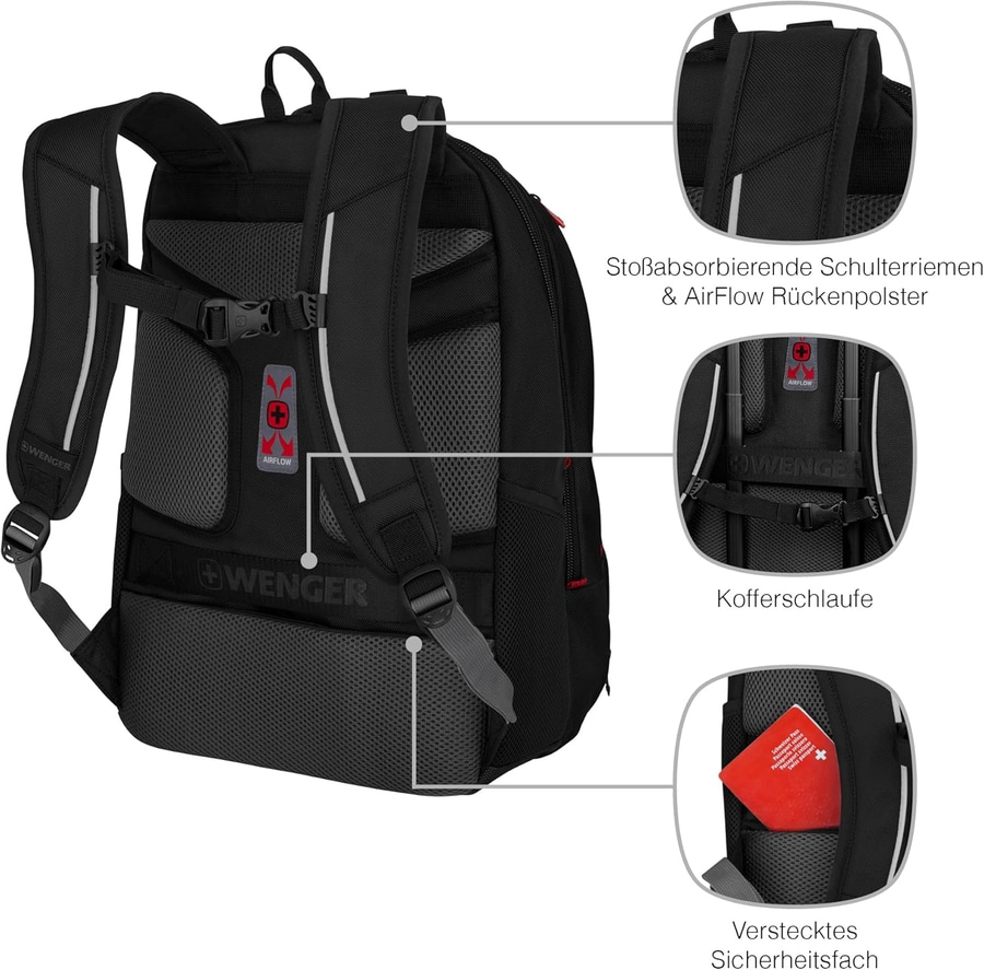 Schwarzer Rucksack mit Airflow-Rückenpolster, Schulterriemen und Sicherheitsfach. Wenger-Marke.