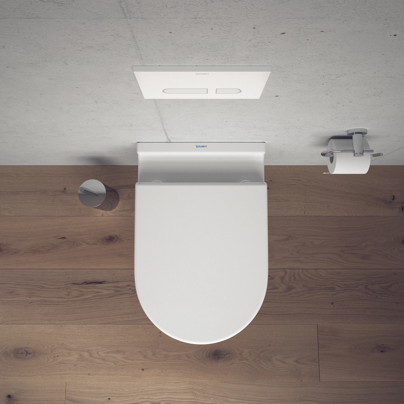 Draufsicht auf eine weiße Toilette mit Holzfußboden und Spülkasten an der Wand.