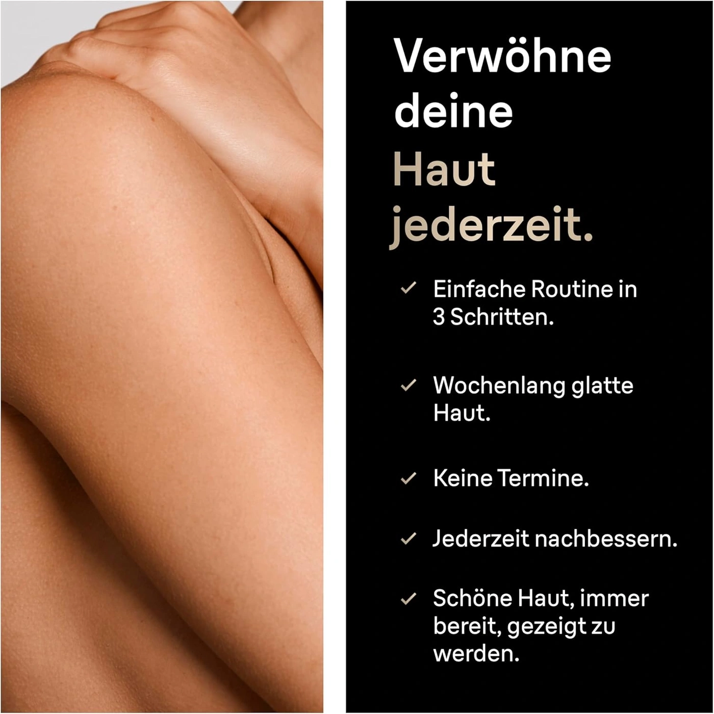 Ein Bild einer Schulter und eines Arms mit Text, der über Hautpflege wirbt.