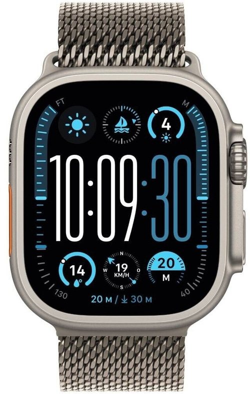 Apple Watch Ultra mit Zifferblatt, Uhrzeit, Daten, und Armband