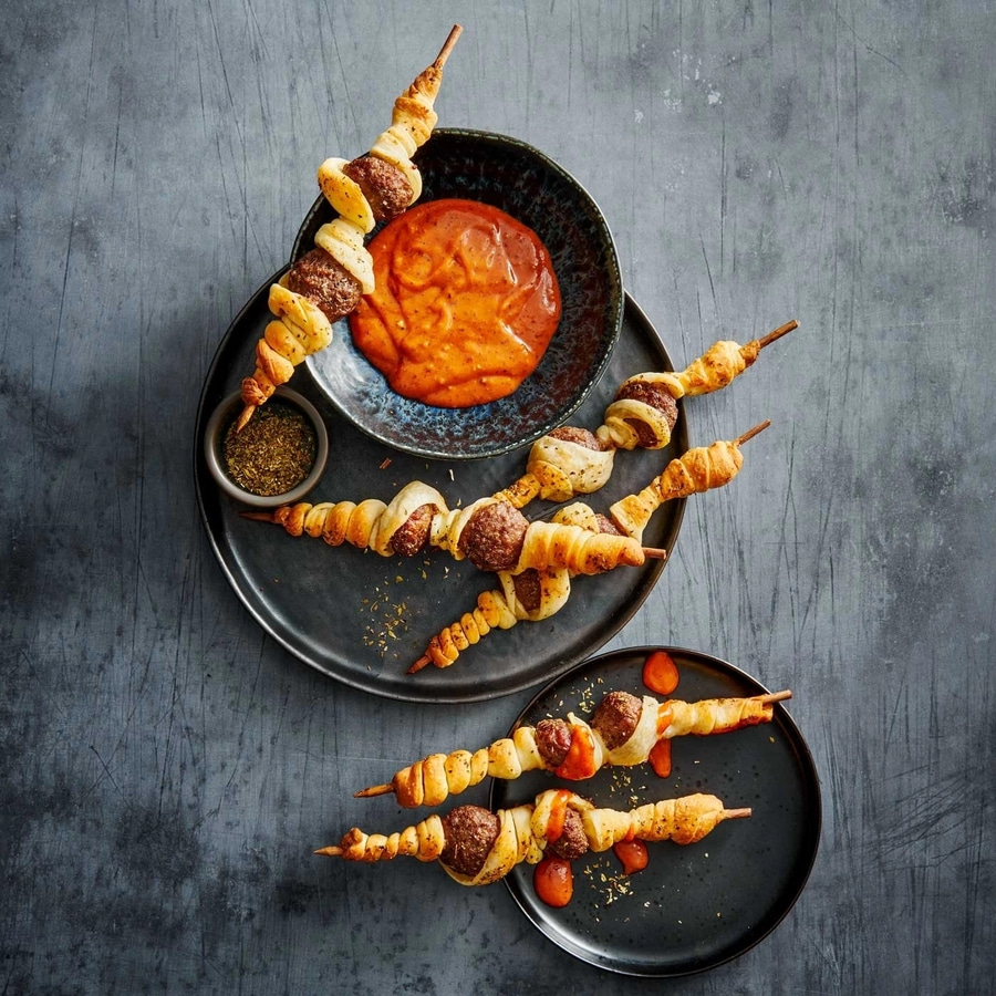 Köstliche Spieße mit Fleischbällchen, Soße und Gewürzen auf einem grauen Hintergrund.
