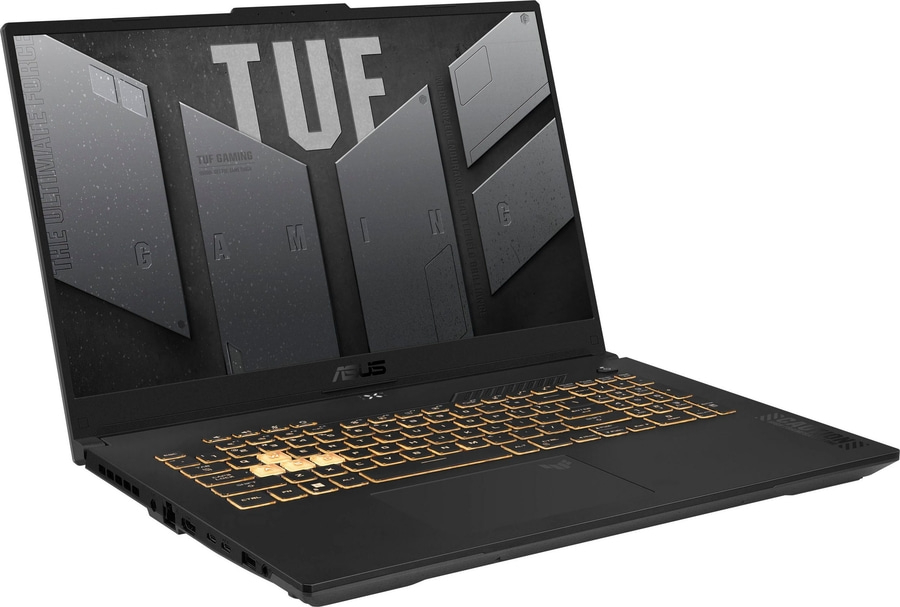Schwarzer Laptop mit beleuchteter Tastatur, TUF Gaming Logo, ASUS, Bildschirm.