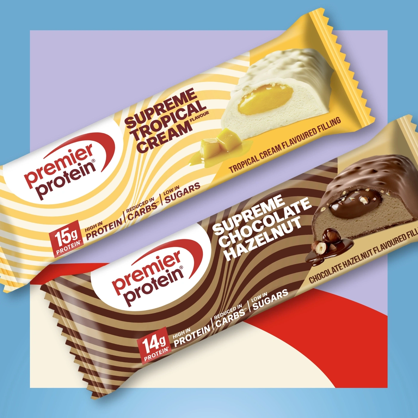 Premier Protein Riegel in zwei Geschmacksrichtungen: Supreme Tropical Cream und Supreme Chocolate Hazelnut.