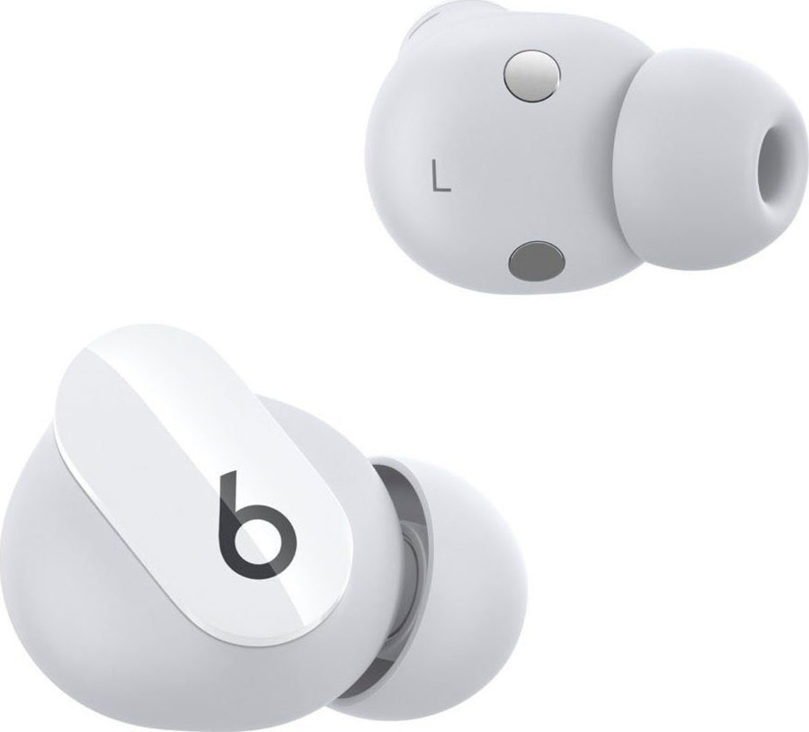 Weiße Beats-Kopfhörer, Nahaufnahme, modernes Design, Ohrhörer, Technologie, Musik