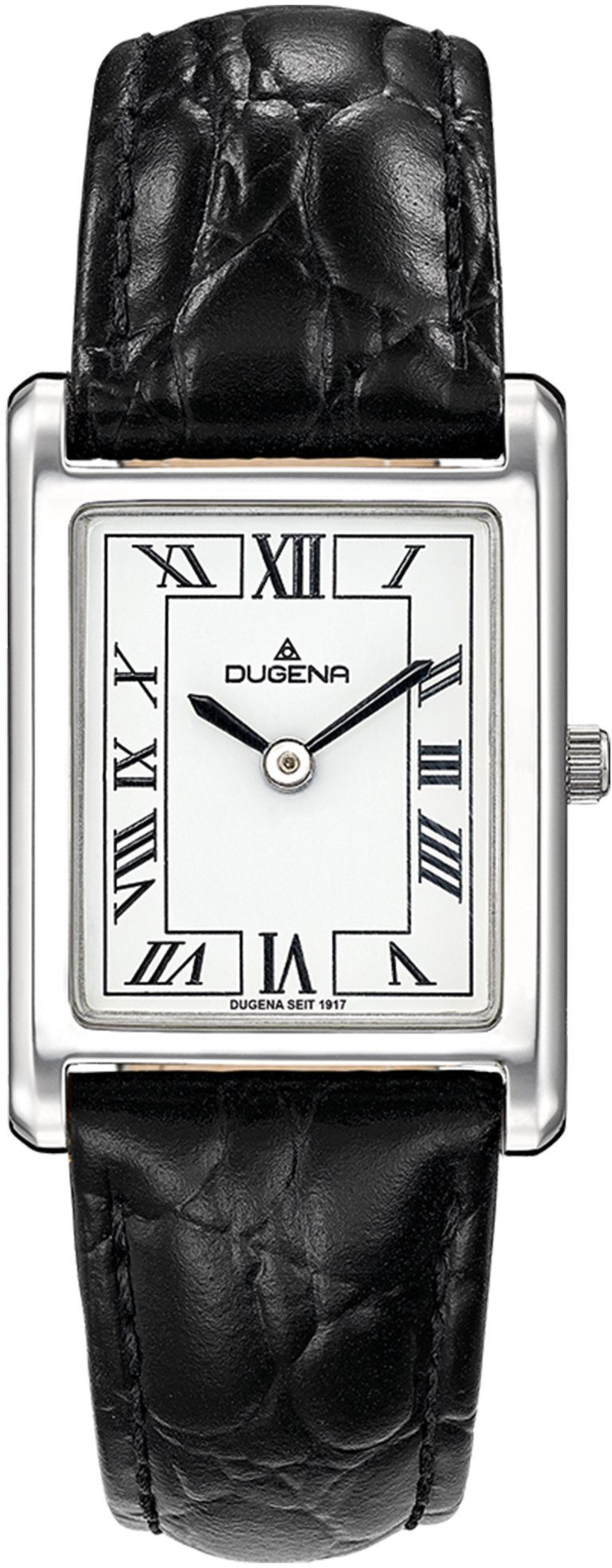Dugena Uhr, rechteckiges Zifferblatt, römische Ziffern, schwarzes Lederarmband, elegant