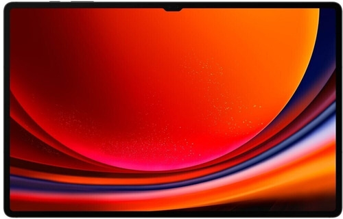 Tablet mit rotem und orangefarbenem Hintergrund, abstraktes Design, Technologie