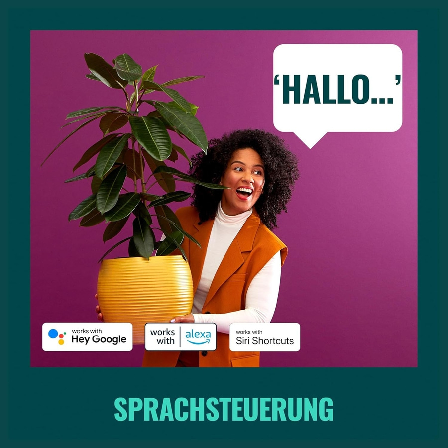 Frau mit Pflanze sagt 'Hallo', Sprachsteuerung, funktioniert mit Hey Google, Alexa, Siri.