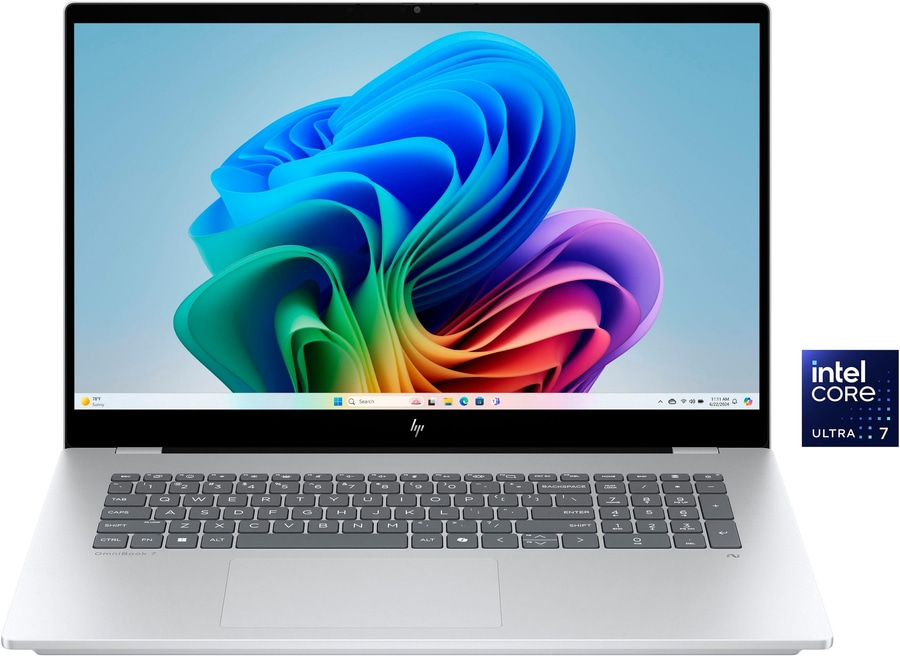 Ein offenes silbernes HP OmniBook 7 Laptop mit Intel Core Ultra 7 Prozessor.