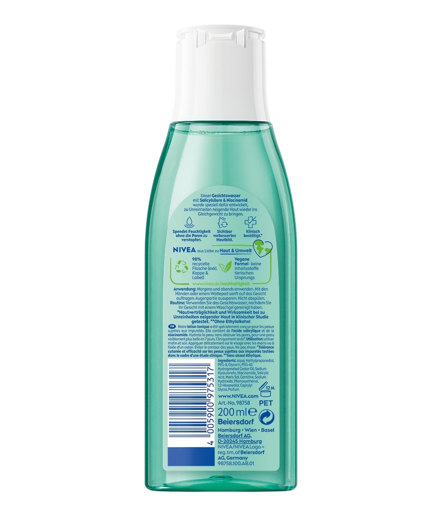 NIVEA Derma Skin Clear Gesichtswasser Salicylsäure Niacinamid Vegan 3 x 200ml