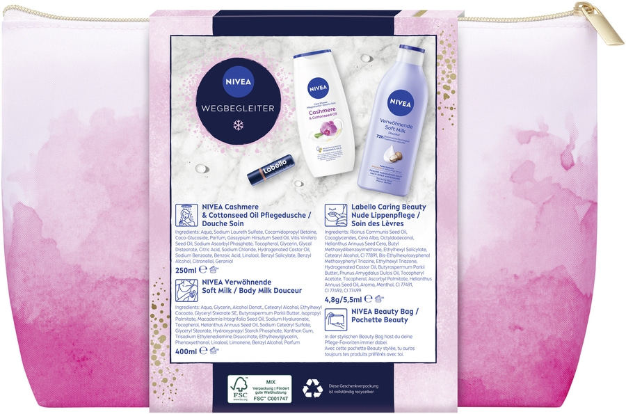 NIVEA Wegbegleiter Geschenkset Oil Pflegedusche Soft Milk Labello Kulturbeutel